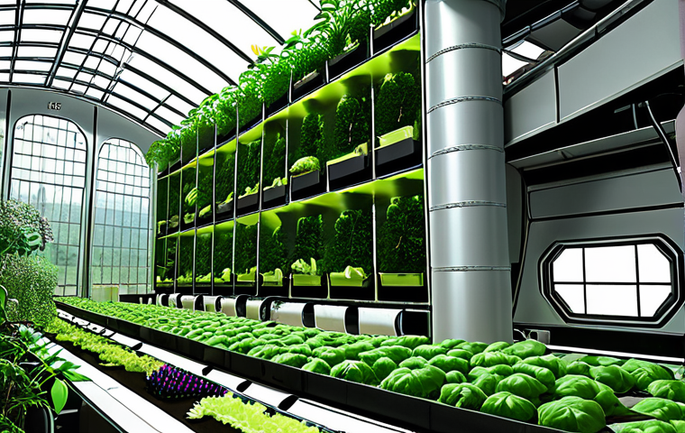 **
A vibrant, biodome-like space colony interior teeming with diverse plant life. Humans are tending to vertical farms and hydroponic systems, showcasing sustainable agriculture. A clear recycling system is visible, emphasizing resource circulation. Focus on the harmonious coexistence of humans and nature in a closed ecosystem. Add elements of advanced technology intertwined with natural processes, highlighting "Smart Agriculture".
**