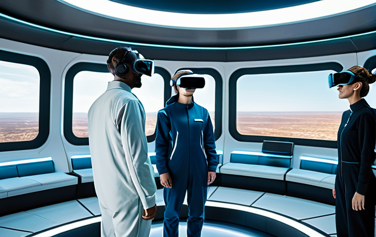 A professional group of adults, including men and women, fully clothed in modest, comfortable futuristic jumpsuits, are gathered in a spacious, well-lit common area within a space colony habitat. One individual wears a sleek virtual reality headset, observing a vibrant, lush Earth landscape. Other members of the diverse group are quietly observing or engaged in calm, supportive conversation, reflecting community and shared experience. The background features clean, futuristic architecture with subtle hydroponic elements and large windows showcasing distant stars. Professional photography, high detail, clear focus, perfect anatomy, natural pose, correct proportions, well-formed hands, proper finger count, natural body proportions. safe for work, appropriate content, fully clothed, family-friendly.